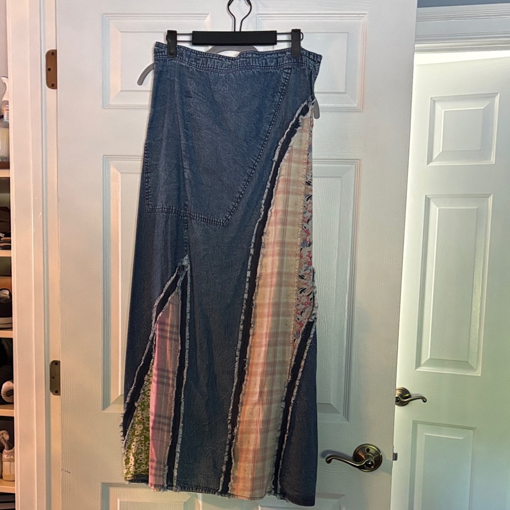 Denim Patchwork Maxi Skirt with Multicolor Plaid Panels